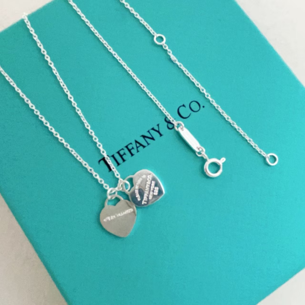 Tiffany & Co. Silver Single Diamond Pink Double Heart Necklace